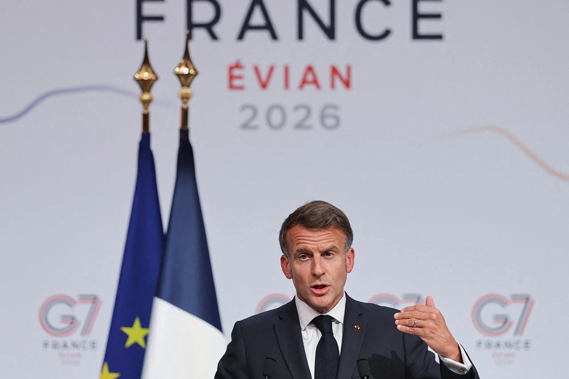 <p>French President Emmanuel Macron holds a press conference during the G7 Summit in Évian-les-Bains, France, on June 17, 2026.</p>