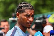 KANSAS CITY, KANSAS - JULY 3: Marcus Rashford #11 of England speaks to the media during a press conference at Swope Soccer Villa