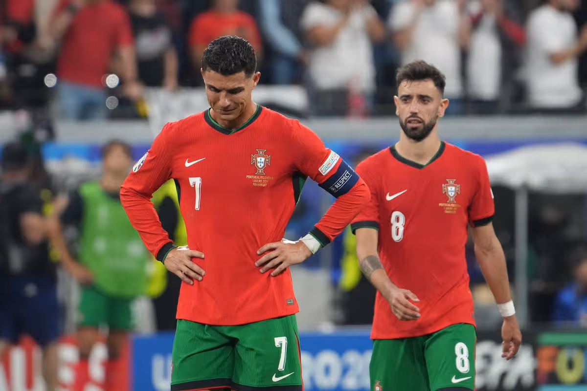 Cristiano Ronaldo of Portugal is crying before second half of extra time during the UEFA EURO 2024 round of 16 match between Portugal and Slovenia at Frankfurt Arena on July 01, 2024 in Frankfurt am Main, Germany.