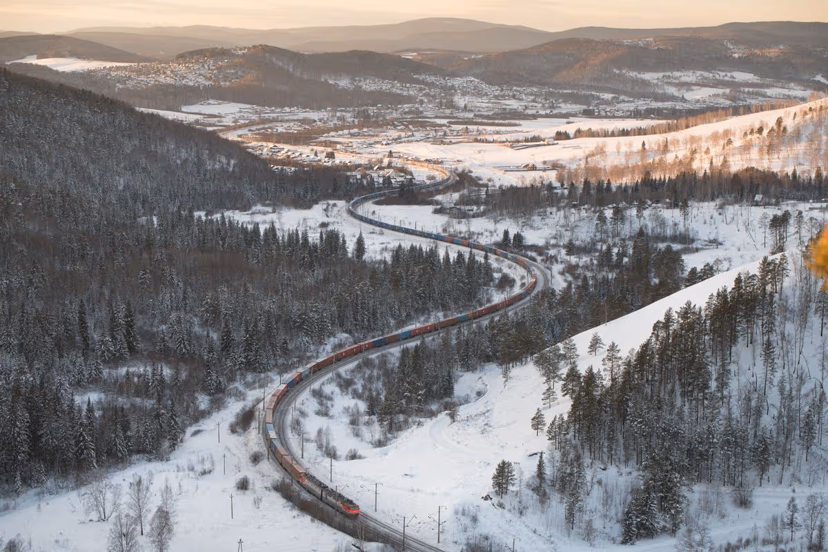 An aerial view of the Trans-Siberian Railway (Transsib), the main transport artery of Russia as connecting the European part of country with the largest East Siberian and Far Eastern industrial cities, in Krasnoyarsk, Russia on December 21, 2023. 