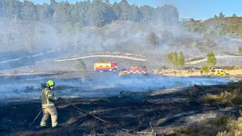 The image shows a firefighter putting out a fire in a countryside. Two fire engines can be seen in the background.
