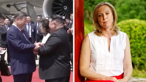 On the left, Xi Jinping holding hands with Kim Jong Un. On the right, Laura Bicker.