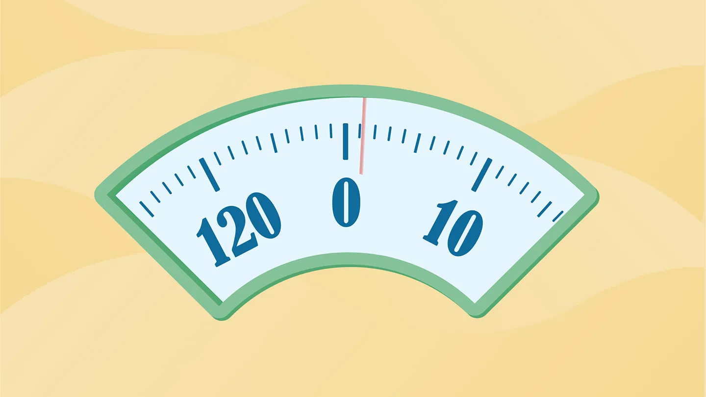 illustration of body weight scale screen with the weight marker pointed at 1 pound