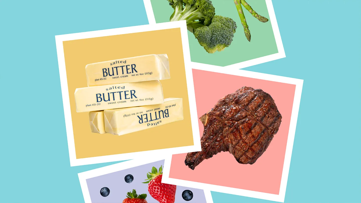 a collage of foods mentioned in the revised dietary guidelines, such as butter, red meat, and fruits and vegetables