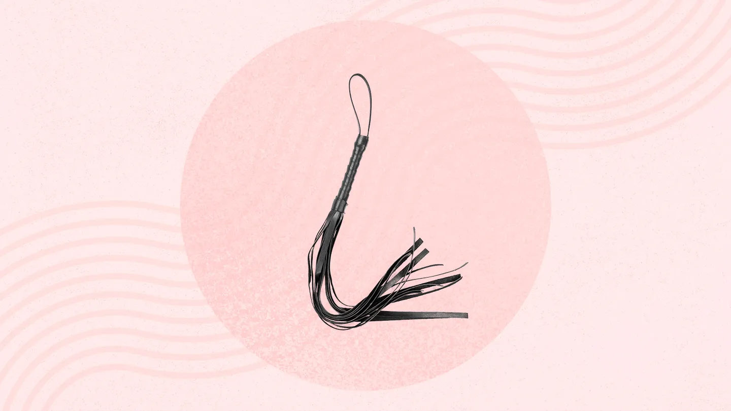 bdsm black whip flogging whip on pink textured background and wavy lines