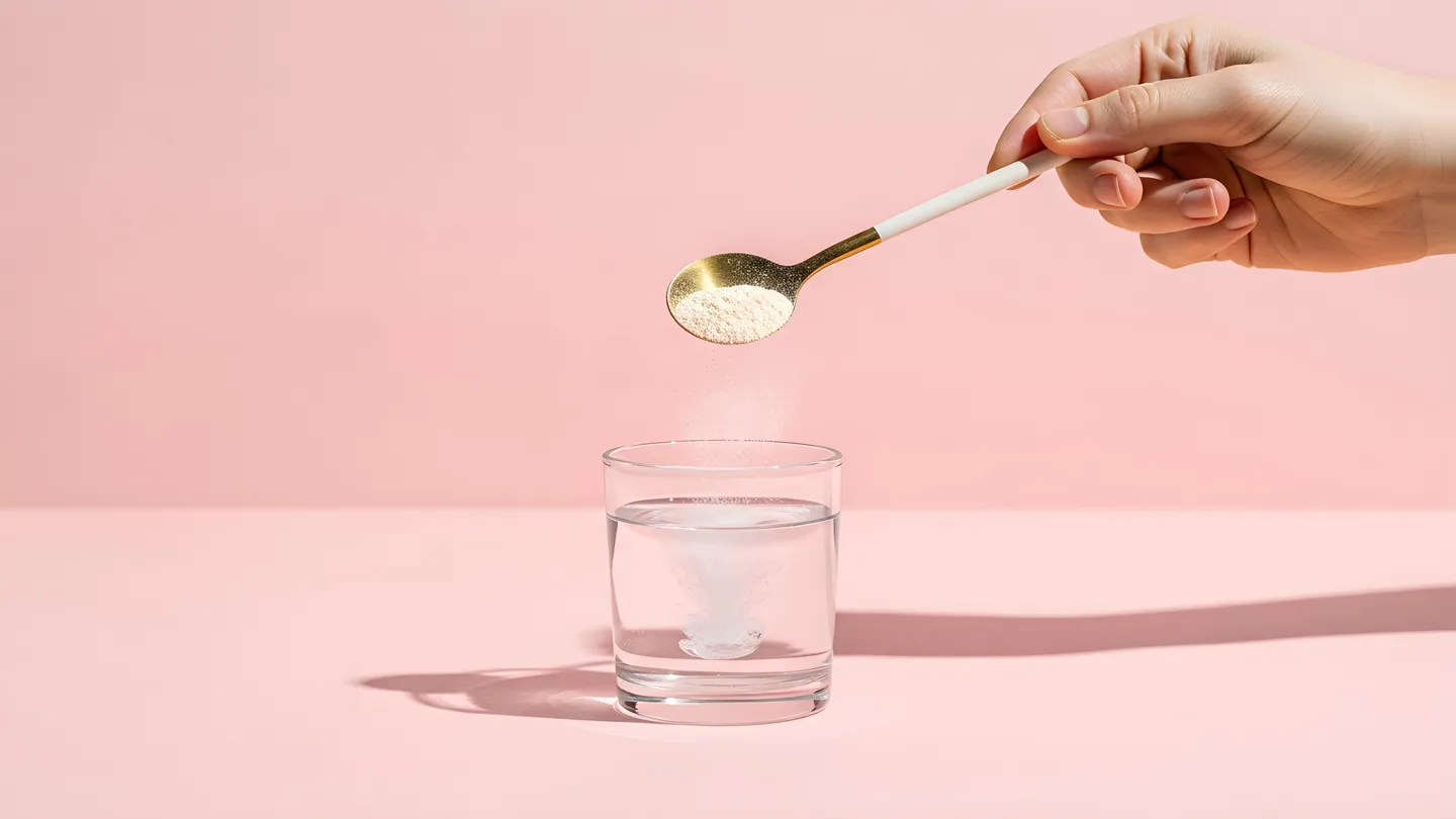 woman's hand spooning off white powder into a glass of water