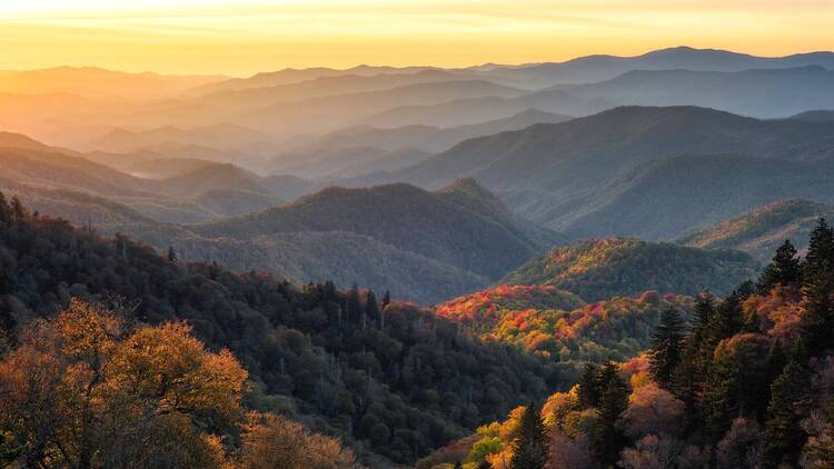 Dramatic evening light looking out across the Great Smoky Mountains from along the Blue Ridge Parkway in North Carolina